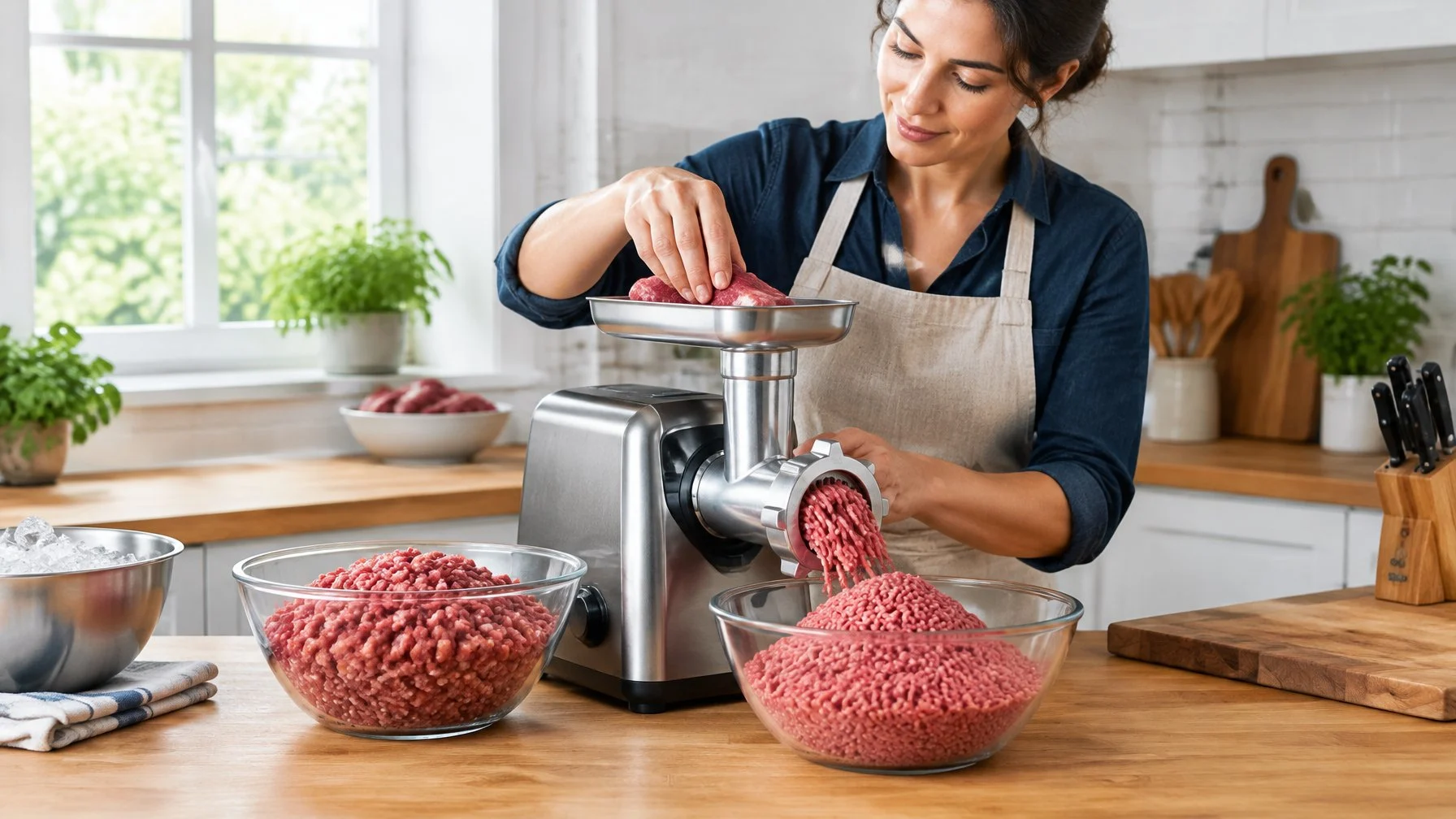 A cook passes coarsely ground meat through a countertop grinder again, with finer ground meat collected in a bowl.