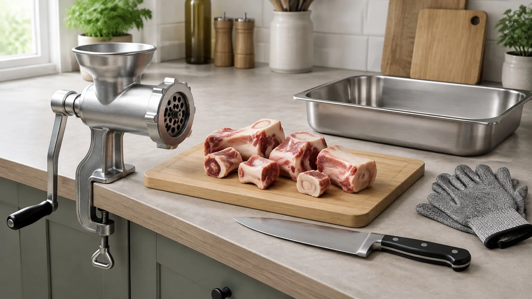 A meat grinder and bone-grinding preparation tools arranged on a clean kitchen counter.