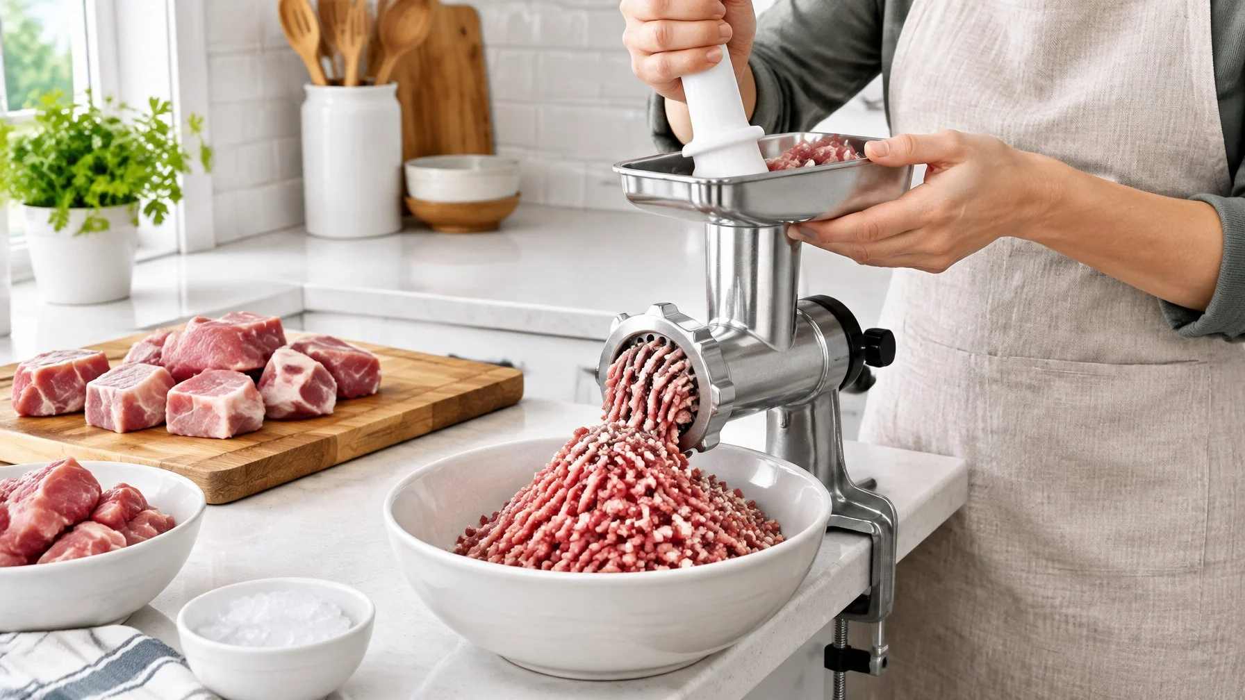 A person safely feeds small pieces of meat and soft bone into a countertop grinder, with ground meat collected in a bowl.