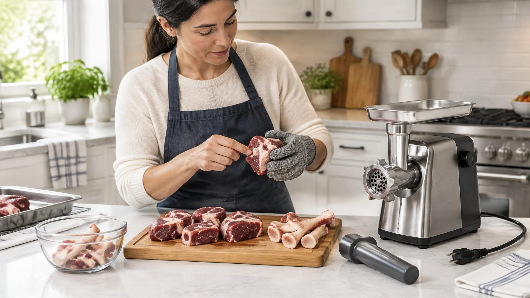 A person wearing a protective glove checks bone-in meat beside an unplugged meat grinder.