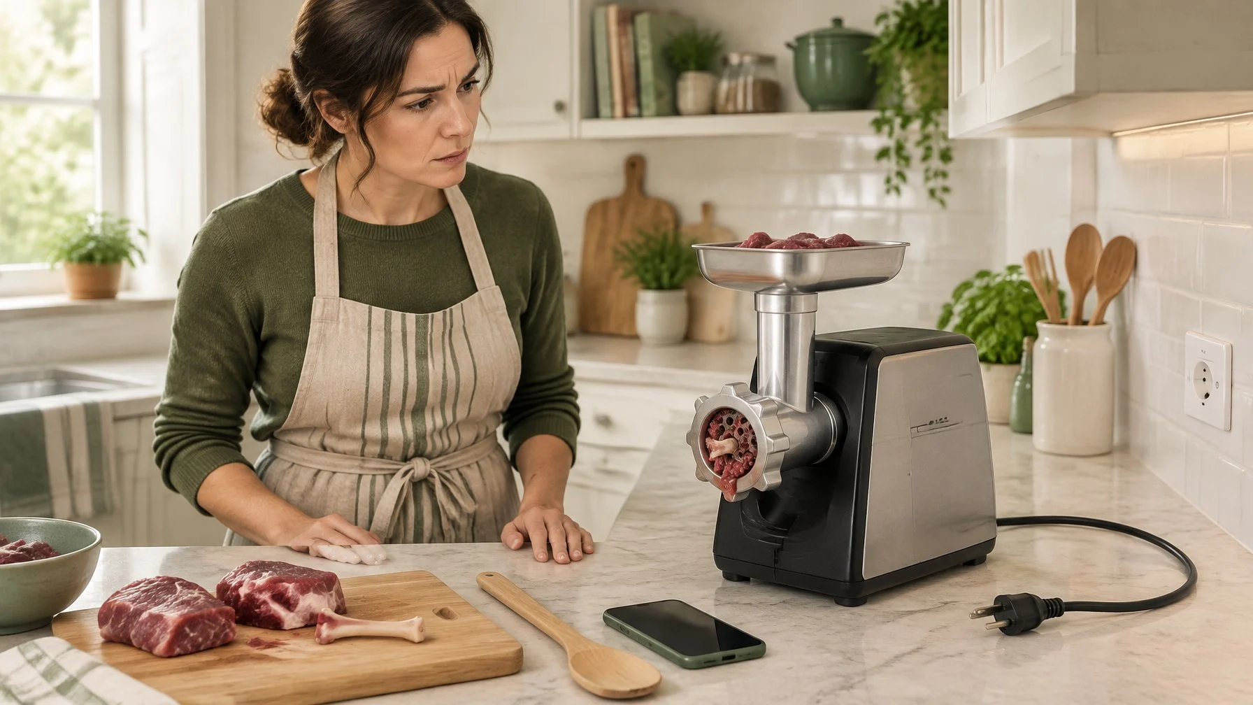 A cook stands beside an unplugged meat grinder that has jammed on a piece of bone.